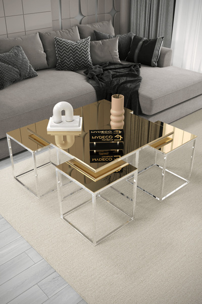 home plus mobilya Altay 5'li Gümüş Kaplama Bronz Aynalı Orta Sehpa & Zigon Se...