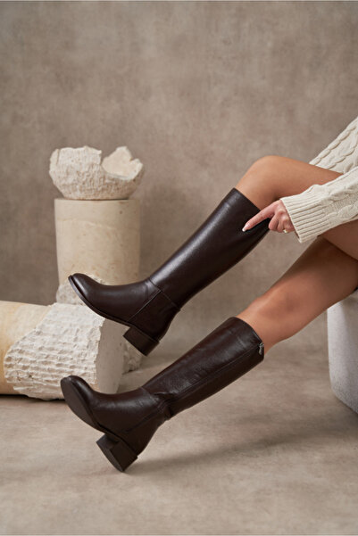 kalyoncu moda Vanessa Kahve Renkli Gerçek Deri Diz Altı Kadın Çizme