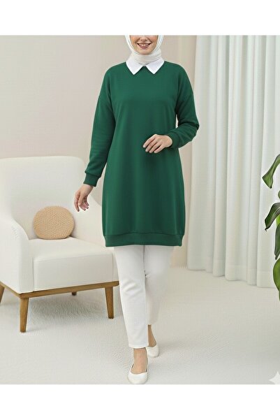 Modamorfo Crew Neck Slit Combed Cotton Sweatshirt - Emerald