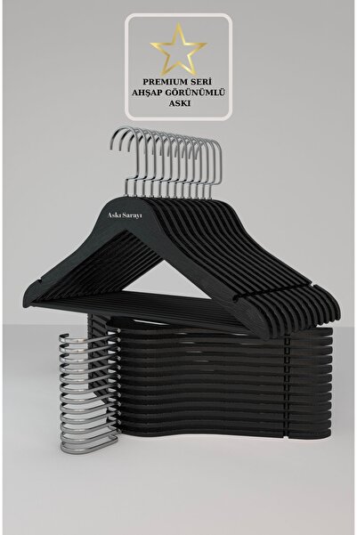 menofis Siyah Ahşap Görünümlü Premium Özel Amerikan Kancalı Askı 12 Adet
