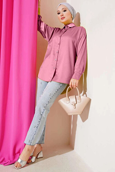 hazelin Kadın Gül Kurusu Saten Yüzeyli Tesettür Gömlek HZL25W-BD139641