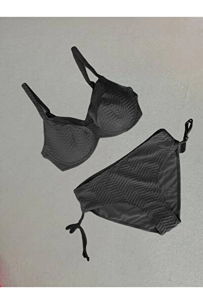 hazelin Women's Black Patterned Plus Size Lined Bikini Set Hzl25S-Lc4004