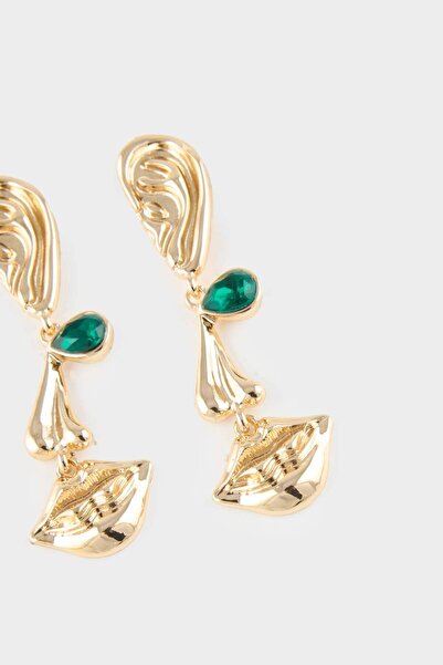 DeFacto Women's Green Stone Dangle Gold Earrings G0175Axns