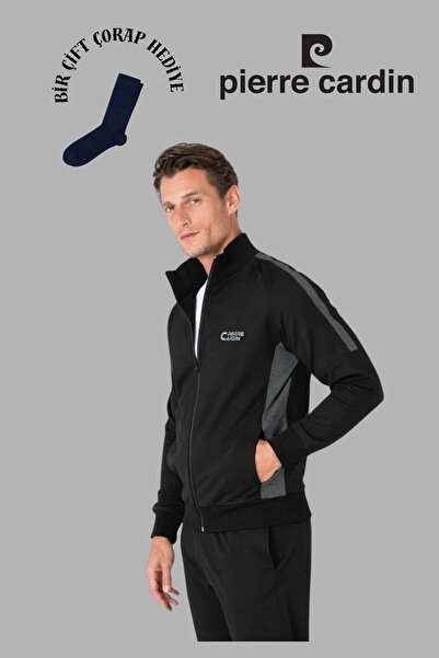 Pierre Cardin Erkek Siyah Pamuklu Fermuarlı Eşofman Takımı 1 Çift Çorap Hediyeli .R.O1.P.İ.ERŞ.II.E.L.T