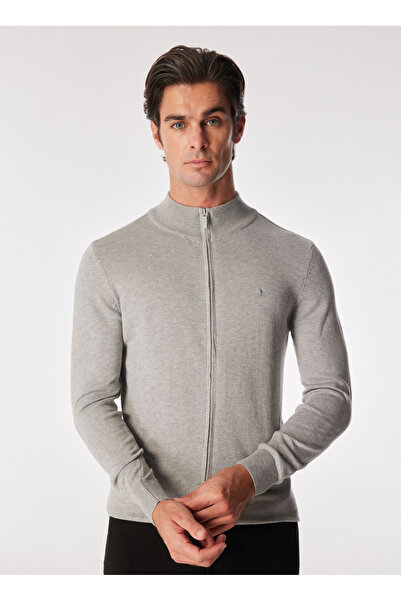 Fabrika Gri Melanj Erkek Dik Yaka Basic Hırka F4WM-HRK 2840