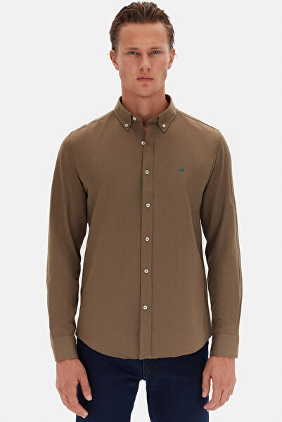 D'S Damat Slim Fit Khaki Oxford με κουμπιά γιακά Βαμβακερό πουκάμισο με λεπτομέρεια κεντήματος που σιδερώνει εύκολα