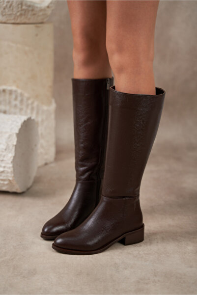 kalyoncu moda Vanessa Kahve Renkli Gerçek Deri Diz Altı Kadın Çizme