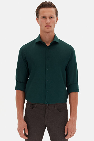 D'S Damat Ds Damat Slim Fit Koyu Yeşil İtalyan Yaka Armürlü Uzun Kollu Kolay Ütülenebilir Nefes Alan Dört