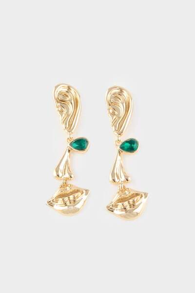 DeFacto Women's Green Stone Dangle Gold Earrings G0175Axns