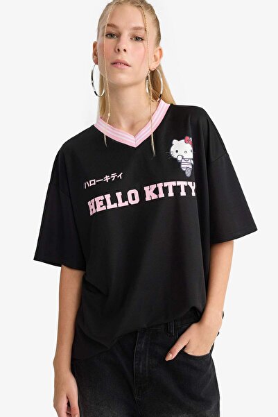DeFacto Tricou cu mânecă scurtă cu imprimeu pe spate, cu decolteu în V, supradimensionat, Coool Hello Kitty F9181AX25AU