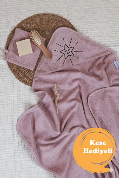 Lawon Kids Bambu Yıldız Nakışlı ve Kese Hediyeli Bebek Havlu Kundak * Pembe