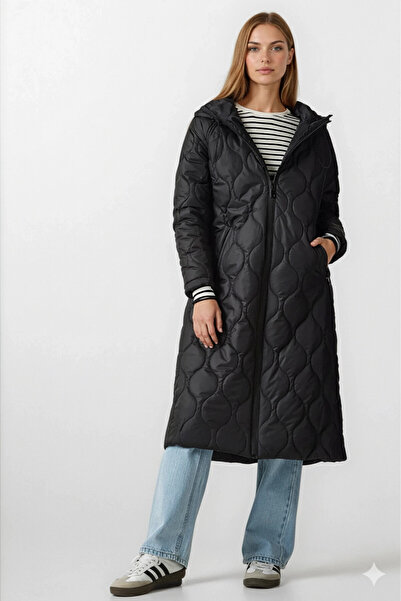hazelin Black Quilted Long Puffer Jacket - Hooded, Hzl24W-Bd 151771