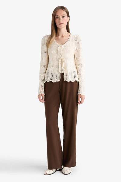 DeFacto Regular Fit V-Neck Front Tie Openwork Knitwear Cardigan F7391Ax25Au