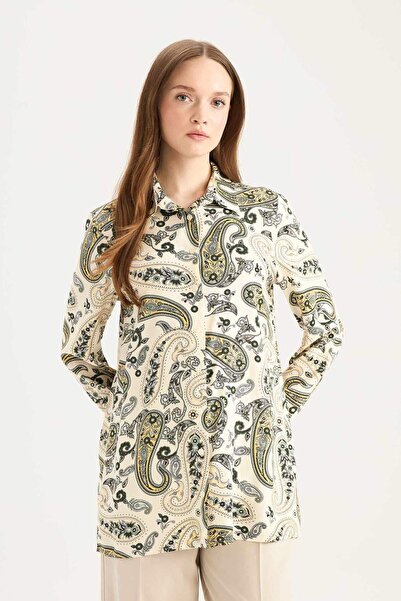 DeFacto Relax Fit Gömlek Yaka Desenli Viskon Uzun Kollu Tunik D7348AX25SP