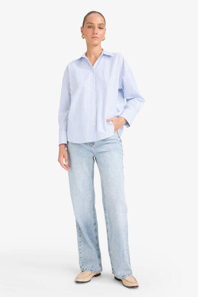 DeFacto Oversize Geniş Kalıp Çizgili Oxford Uzun Kollu Gömlek D4512AX25SP