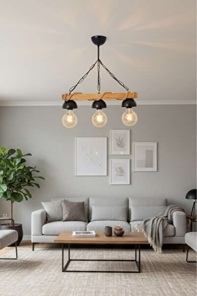 megüsa Doğal Ahşap 3 Lü Şapkalı Halatlı Rustik Tasarım Şık Avize aktuğ500, one size