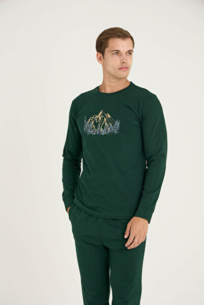 KLY Ανδρικό σετ πιτζάμα με λαιμόκοψη και μανίκια με ριμπάνι, κομψό σχέδιο 6032