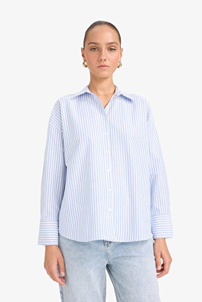 DeFacto Oversize Geniş Kalıp Çizgili Oxford Uzun Kollu Gömlek D4512AX25SP