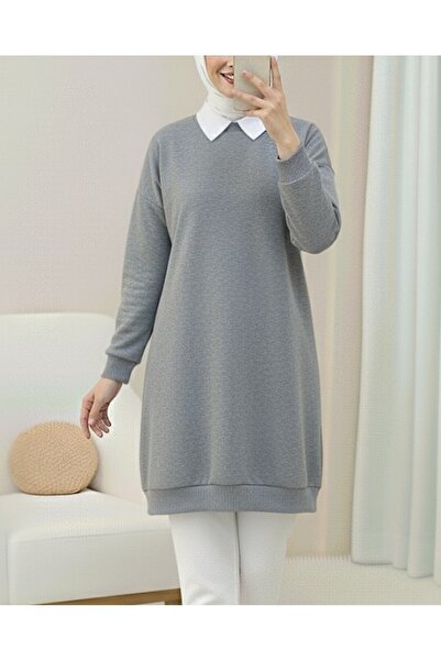 Modamorfo Crew Neck Slit Combed Cotton Sweatshirt - Gray