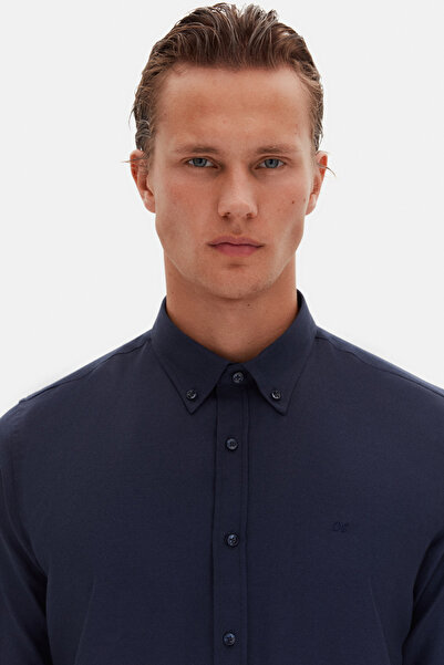 D'S Damat Ds Damat Slim Fit Lacivert Oxford Düğmeli Yaka Kolay Ütülenebilir Nakış Detaylı Pamuklu Gömlek