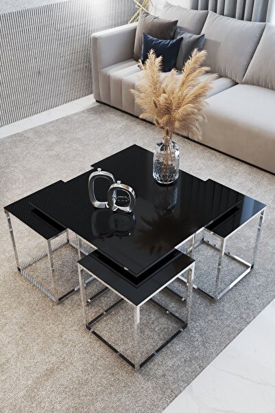 home plus mobilya Roma 5'li Gümüş Kaplama Siyah Aynalı Orta Sehpa & Zigon Sehpa & Yan Sehpa & Bohem Sehpa Takımı