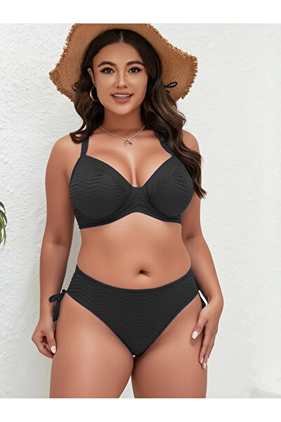 hazelin Women's Black Patterned Plus Size Lined Bikini Set Hzl25S-Lc4004