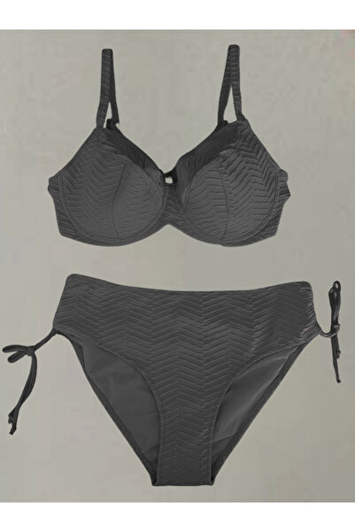 hazelin Women's Black Patterned Plus Size Lined Bikini Set Hzl25S-Lc4004