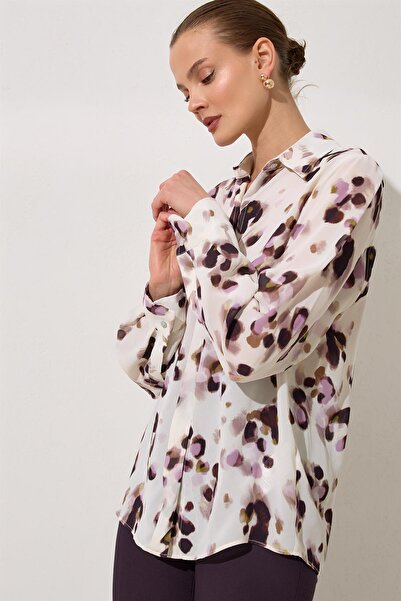 Setre Ecru-Lilac Patterned Long Sleeve Relaxed Fit Shirt