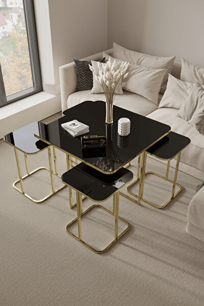 home plus mobilya 5'li Radüslü Gold Kaplama Siyah Aynalı Orta Sehpa & Zigon Sehpa & Yan Sehpa & Bohem Sehpa Takımı