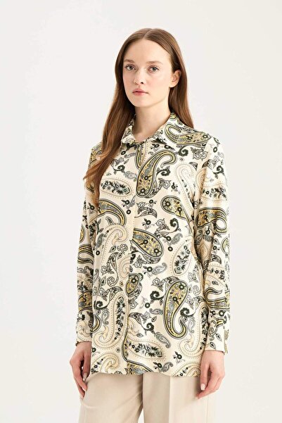 DeFacto Relax Fit Gömlek Yaka Desenli Viskon Uzun Kollu Tunik D7348AX25SP