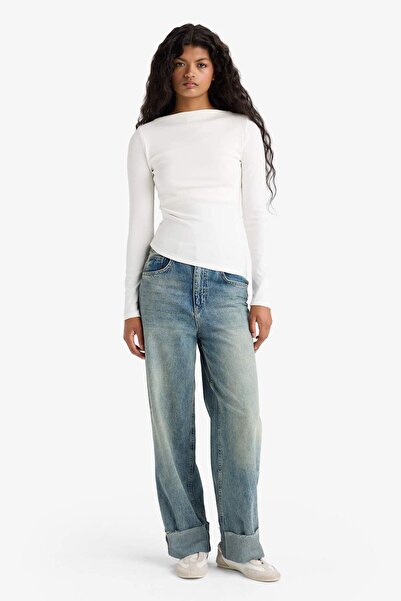 DeFacto Slim Fit Narrow Fit Boat Neck Ribbed Long Sleeve T-Shirt G1581Ax25Au