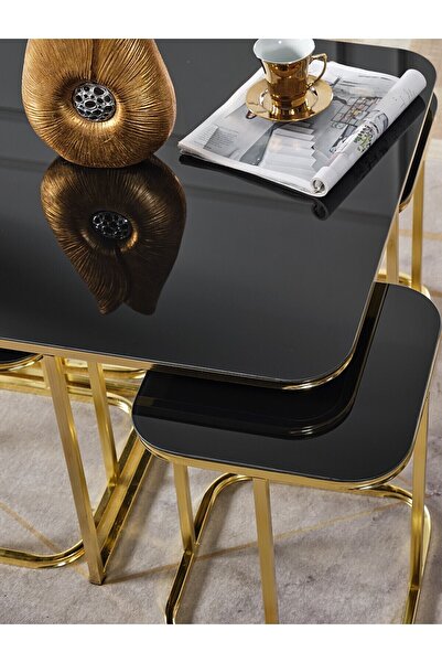 home plus mobilya 5'li Radüslü Gold Kaplama Siyah Aynalı Orta Sehpa & Zigon Sehpa & Yan Sehpa & Bohem Sehpa Takımı