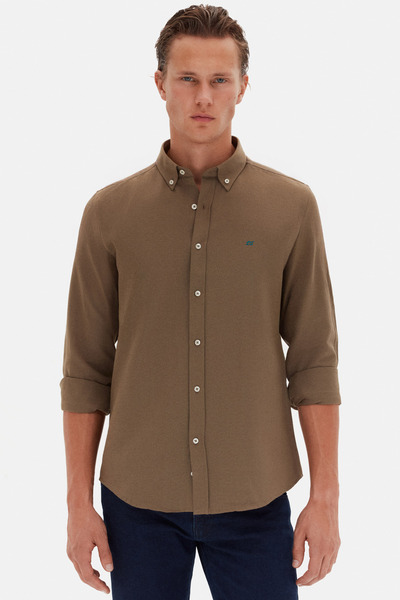 D'S Damat Slim Fit Khaki Oxford με κουμπιά γιακά Βαμβακερό πουκάμισο με λεπτομέρεια κεντήματος που σιδερώνει εύκολα