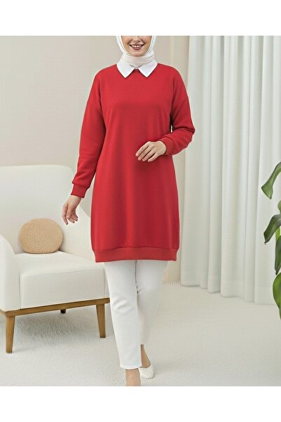 Modamorfo Crew Neck Slit Combed Cotton Sweatshirt - Red