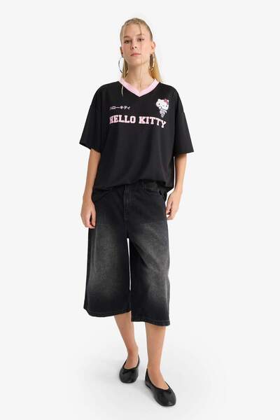 DeFacto Tricou cu mânecă scurtă cu imprimeu pe spate, cu decolteu în V, supradimensionat, Coool Hello Kitty F9181AX25AU