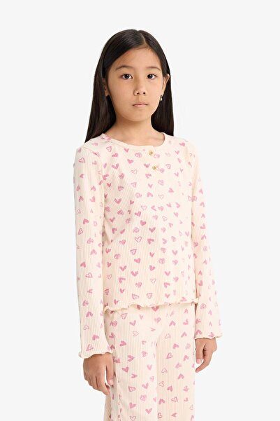 DeFacto Kız Çocuk Pijama Takımı Fitilli Kaşkorse Kalp Desenli Uzun Kollu Üst Uzun Alt F7276A825AU