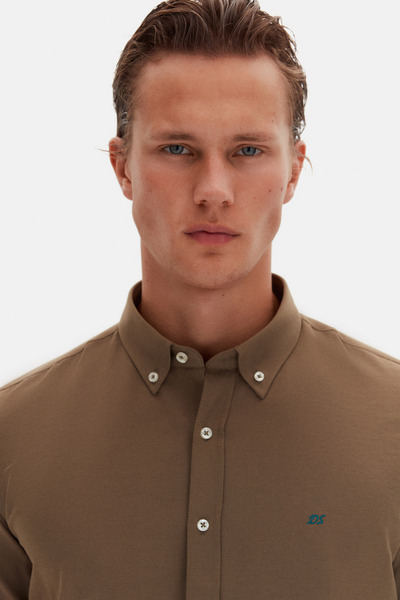 D'S Damat Ds Damat Slim Fit Haki Oxford Düğmeli Yaka Kolay Ütülenebilir Nakış Detaylı Pamuklu Gömlek