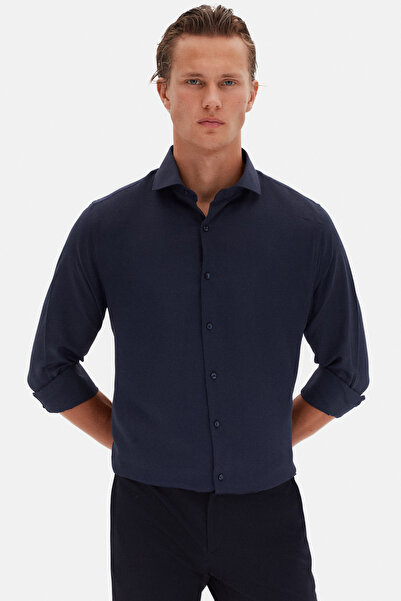 D'S Damat Ds Damat Slim Fit Lacivert İtalyan Yaka Armürlü Uzun Kollu Kolay Ütülenebilir Nefes Alan Dört