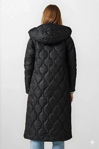 hazelin Black Quilted Long Puffer Jacket - Hooded, Hzl24W-Bd 151771