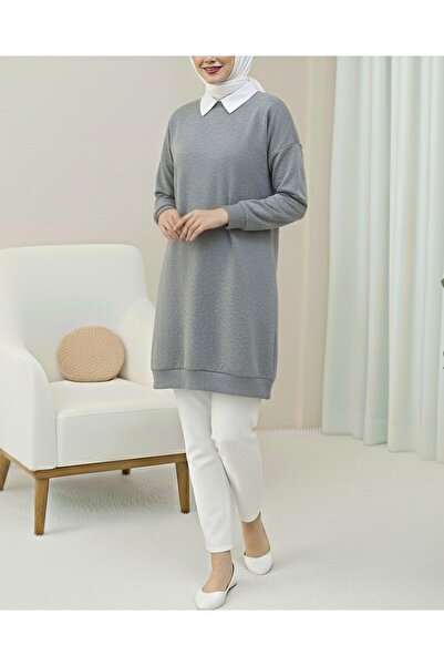 Modamorfo Crew Neck Slit Combed Cotton Sweatshirt - Gray