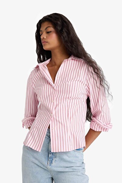 DeFacto Fitted Çizgili Poplin Uzun Kollu Gömlek F9209AX25AU