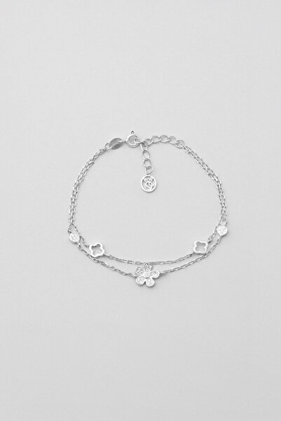 So CHIC... Minimal Çiçek 18 Ayar Beyaz Altın Kaplama 19 Cm Gümüş Bileklik