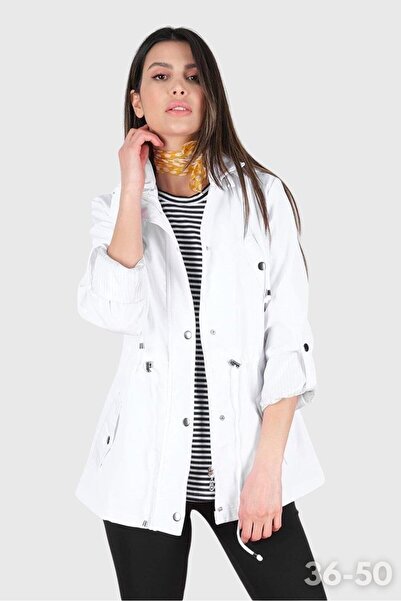 Spazio Goudot Kapüşonlu Mevsimlik Parka – Beli Büzgülü, Çıtçıt Detaylı BEYAZ