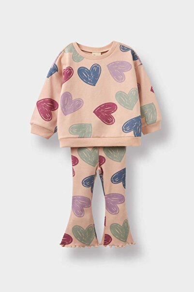 DeFacto Kız Bebek 2'li Takım Kalp Desenli Sweatshirt İspanyol Paça Tayt F0516A525AU