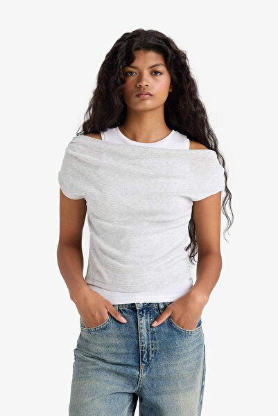 DeFacto Slim Fit Tight Fit One Shoulder Ribbed Short Sleeve T-Shirt G0316Ax25Hs