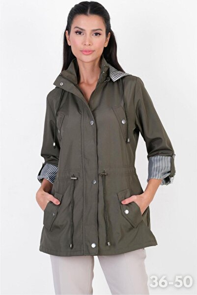 Spazio Goudot Kapüşonlu Mevsimlik Parka – Beli Büzgülü, Çıtçıt Detaylı HAKİ