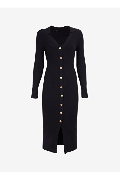 Fabrika V Yaka Siyah Kadın Midi Elbise F4WL-ELB0363