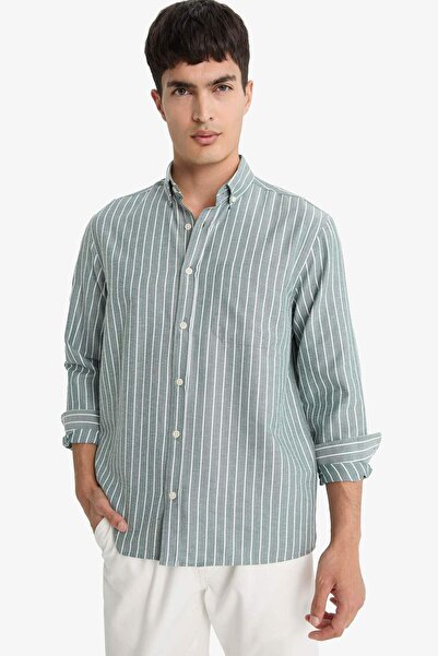 DeFacto Regular Fit Polo Yaka Dokuma Uzun Kollu Çizgili Gömlek E7840AX25AU
