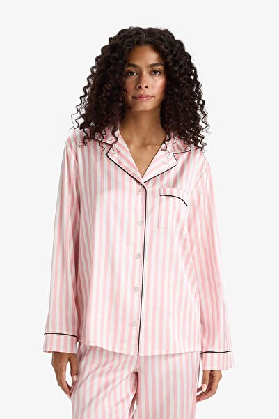 DeFacto Pijama Takımı Regular Fit Çizgili Saten Uzun Kollu Üst Uzun Alt-Fall in Love C9445AX25AU