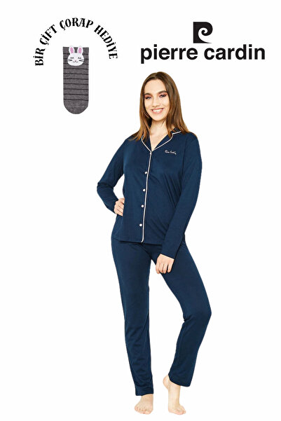 Pierre Cardin Γυναικείο σετ πιτζάμες με μακρυμάνικο μπλε ναυτικό χρώμα με κου...